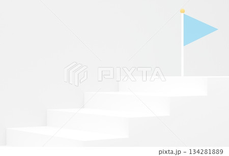 3D素材_シンプルな階段とフラッグ_水色 134281889
