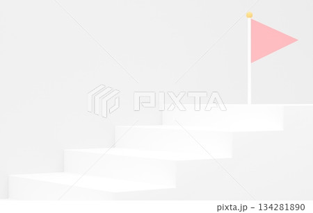 3D素材_シンプルな階段とフラッグ_ピンク 134281890