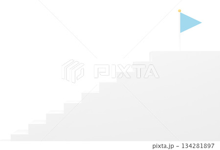3D素材_シンプルな階段とフラッグ_水色 3D素材_シンプルな階段とフラッグ_水色 134281897