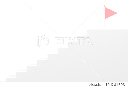 3D素材_シンプルな階段とフラッグ_ピンク 134281898