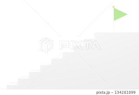 3D素材_シンプルな階段とフラッグ_黄緑 134281899