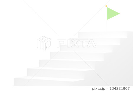 3D素材_シンプルな階段とフラッグ_黄緑 134281907