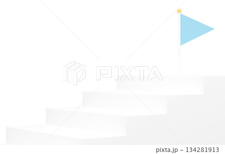 3D素材_シンプルな階段とフラッグ_水色 3D素材_シンプルな階段とフラッグ_水色 134281913