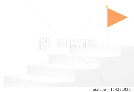 3D素材_シンプルな階段とフラッグ_オレンジ 134281920