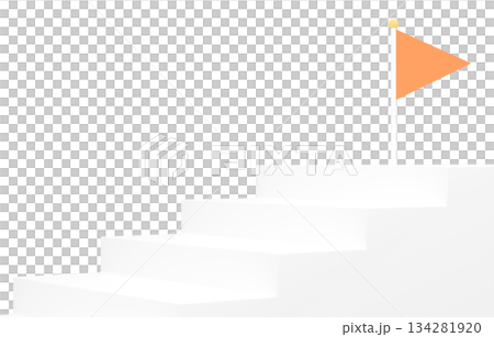 3D素材_シンプルな階段とフラッグ_オレンジ 134281920