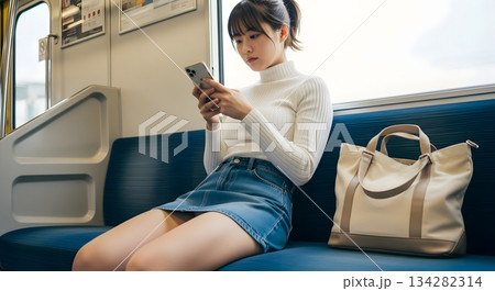 電車で座席を広く占拠しスマホを操作する女性 134282314