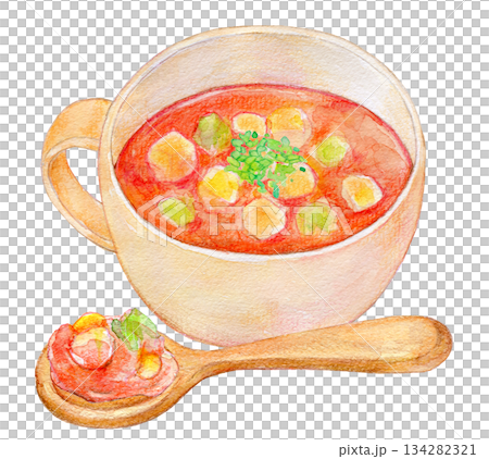 Watercolor illustration, hand-drawn illustration, minestrone Watercolor illustration, hand-drawn illustration, minestrone 134282321