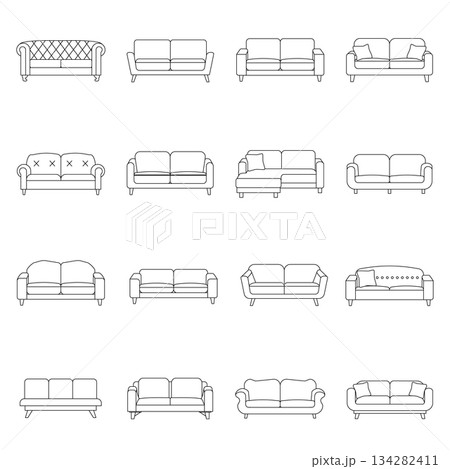 A clean, minimalist grid of 16 different sofa and couch styles rendered in black and white line art. The collection includes various designs, A clean, minimalist grid of 16 different sofa and couch styles rendered in black and white line art. The collection includes various designs, 134282411