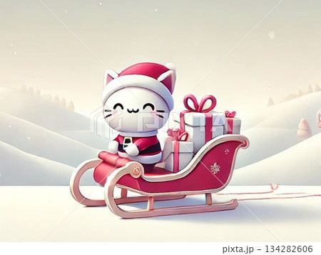 トナカイのソリに乗った猫のサンタクロース 134282606