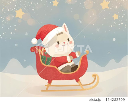 ソリに乗った猫のサンタクロース 134282709