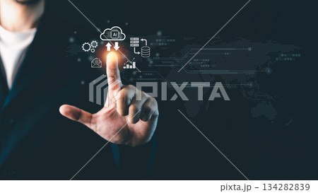 Businessman touching AI cloud computing icon with virtual data transfer and futuristic digital interface, symbolizing artificial intelligence, big data, and global connectivity Businessman touching AI cloud computing icon with virtual data transfer and futuristic digital interface, symbolizing artificial intelligence, big data, and global connectivity 134282839