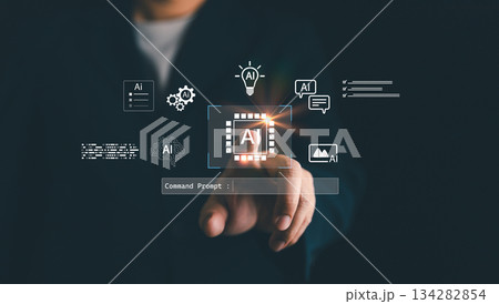 Futuristic concept of artificial intelligence technology with digital interface, innovation, and data visualization. Modern AI solutions for business, automation, and smart systems 134282854