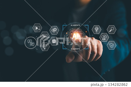 Businessman pointing at glowing AI agents icon with futuristic digital interface, representing artificial intelligence, automation, data analysis, machine learning, and innovative business solutions 134282862