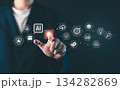 AI artificial intelligence tech, Businessman touching virtual AI technology icons interface, data analysis, cloud computing and digital transformation concept for innovation and business strategy 134282869