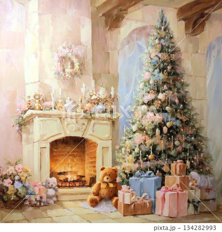 暖炉のある部屋のクリスマスツリーとプレゼントの油絵風イラスト 134282993