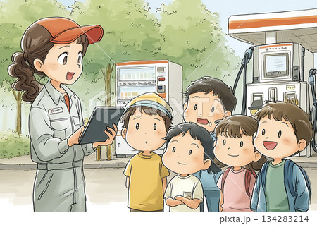 美優シリーズ：EV充電設備を学ぶ子どもたち｜充電ステーション点検イラスト 134283214