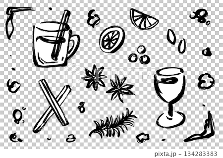 筆タッチの手描きのホットワインのイラストセット 134283383