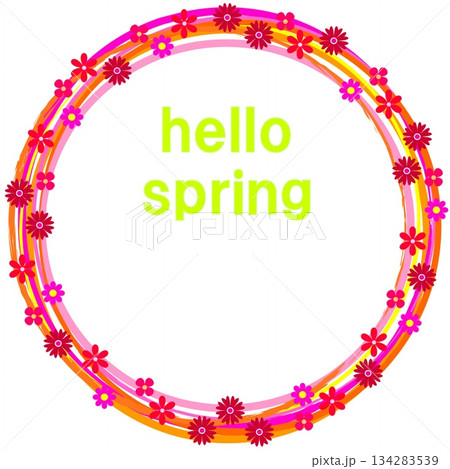 ハッピースプリング　happy spring　花模様　フレーム　白背景　ピンク　オレンジ色 134283539
