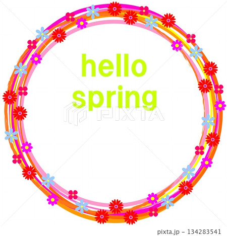 ハッピースプリング　happy spring　花模様　フレーム　白背景　ピンク　オレンジ色 134283541