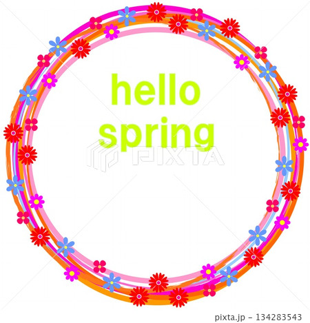 ハッピースプリング　happy spring　花模様　フレーム　白背景　ピンク　オレンジ色 134283543