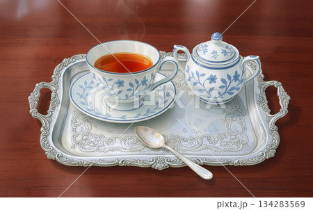 銀のトレイに置かれたエレガントなティーカップとシュガーポット 134283569