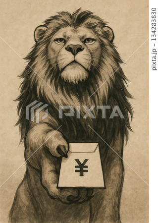 強面顔でお年玉を手渡すライオン｜モノトーン Generative AI 134283830