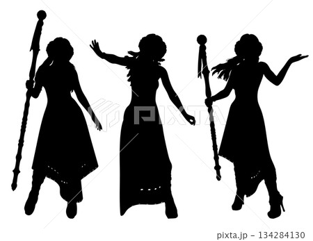 Silhouette of a Sorceress Holding a Magic Staff 134284130