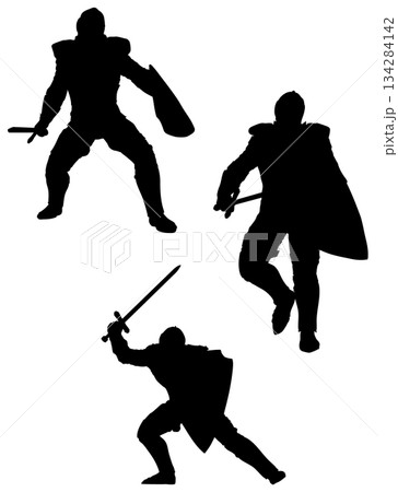 Silhouette of Medieval Knight with Sword and Shield Silhouette of Medieval Knight with Sword and Shield 134284142