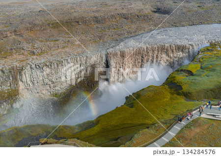 Dettifoss waterfall cascades into a misty gorge in Iceland, with a rainbow visible near the base. Moss covered terrain and visitors on pathways surround it. 134284576