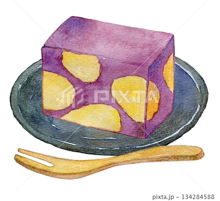 水彩イラスト　手描きイラスト　栗蒸し羊羹 134284588