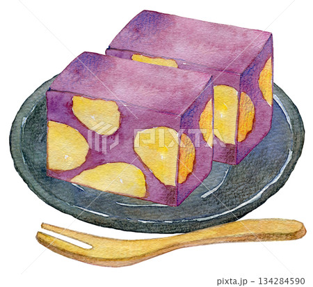 水彩イラスト　手描きイラスト　栗蒸し羊羹 134284590