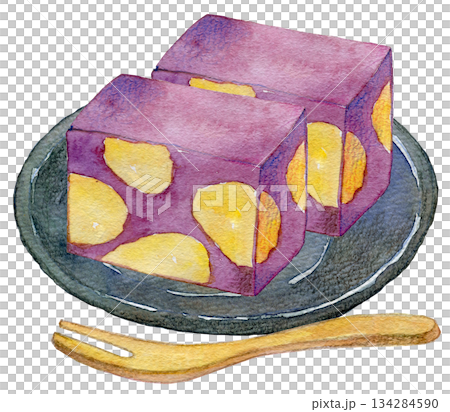 水彩イラスト　手描きイラスト　栗蒸し羊羹 134284590