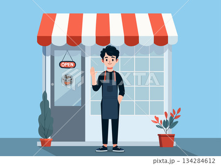 Illustration Barista Welcoming Customers to Coffee Shop 134284612