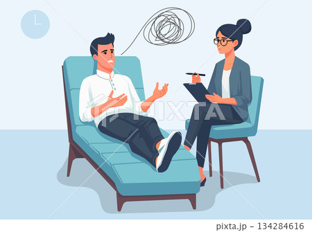 Illustration Man Lying on Couch During Psychotherapy Session 134284616
