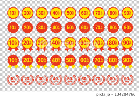 Sale discount rate (10-90% OFF) icon label set in red and yellow Sale discount rate (10-90% OFF) icon label set in red and yellow 134284766
