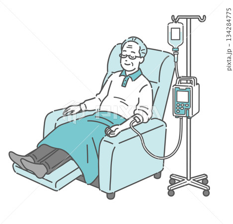 リクライニングチェアで点滴中に眠る高齢男性(透析・化学療法・休息) リクライニングチェアで点滴中に眠る高齢男性(透析・化学療法・休息) 134284775