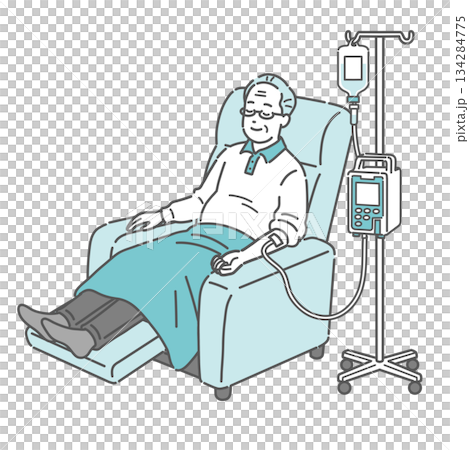 リクライニングチェアで点滴中に眠る高齢男性(透析・化学療法・休息) リクライニングチェアで点滴中に眠る高齢男性(透析・化学療法・休息) 134284775