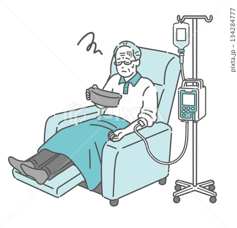点滴中にガーグルベースを持って吐き気を感じる高齢男性（透析・化学療法・副作用） 134284777