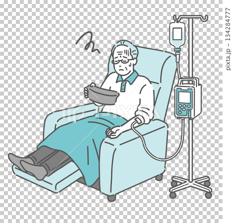 点滴中にガーグルベースを持って吐き気を感じる高齢男性（透析・化学療法・副作用） 134284777