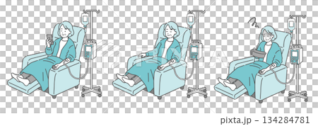 Elderly woman receiving an IV drip while reclining (three-piece set: smartphone, sleep, nausea) 134284781