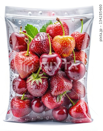 Fresh Red Cherries and Strawberries in a Clear Plastic Bag. Generative AI 134285460