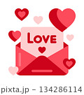 Vector icon of an open envelope with a letter and the inscription "Love" and hearts. 134286114