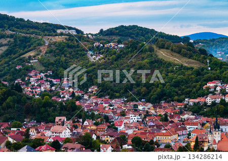Brasov, Romania October 05, 2025. A Stunning Panoramic Perspective of Romania Historic City Nestled in the Carpathian Mountains. 134286214