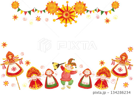Horizontal festive frame of flags, garlands, suns and dancing buffoons, mummers, banner for text. Hand drawn watercolor illustration. Maslenitsa holiday, Shrovetide, carnival, Maslenitsa Horizontal festive frame of flags, garlands, suns and dancing buffoons, mummers, banner for text. Hand drawn watercolor illustration. Maslenitsa holiday, Shrovetide, carnival, Maslenitsa 134286234