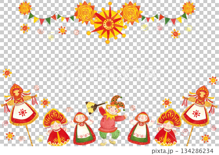 Horizontal festive frame of flags, garlands, suns and dancing buffoons, mummers, banner for text. Hand drawn watercolor illustration. Maslenitsa holiday, Shrovetide, carnival, Maslenitsa Horizontal festive frame of flags, garlands, suns and dancing buffoons, mummers, banner for text. Hand drawn watercolor illustration. Maslenitsa holiday, Shrovetide, carnival, Maslenitsa 134286234