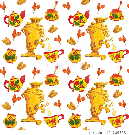Bright tea seamless pattern for the holiday of Maslenitsa. Maslenitsa, national spring holiday. Watercolor illustration hand drawn in cartoon style. Holiday, Khokhloma, carnival, Maslenitsa 134286238