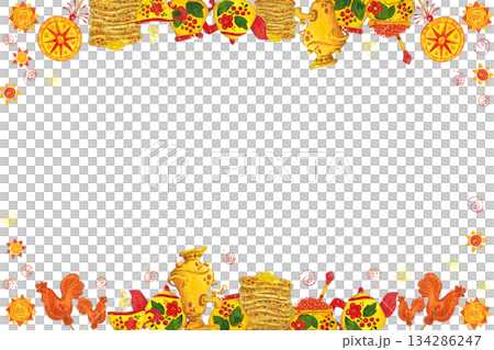 Horizontal holiday frame Maslenitsa, banner for text. Hand drawn watercolor illustration. Maslenitsa holiday, Shrovetide, carnival, Maslenitsa, Mardi Gras, Shrove Tuesday, pancake week, Pancake Day 134286247