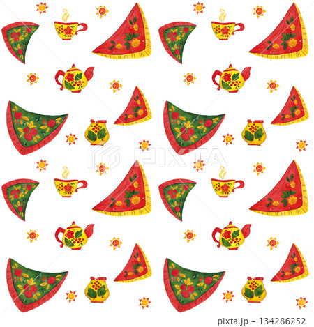 Bright seamless pattern for the Maslenitsa holiday. Scarves, ornament, fabric, pattern, flowers, sun. Watercolor illustration hand drawn in cartoon style. Bright, festive, traditional 134286252