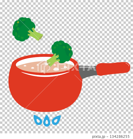 沸騰した鍋にブロッコリーを入れるイラスト 134286255