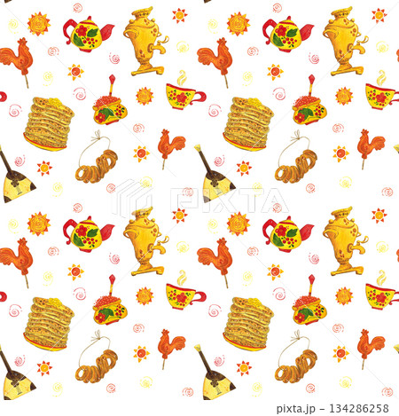 Bright seamless pattern for the Maslenitsa holiday. Pancakes, samovar, dishes, balalaika, Khokhloma, sun. Watercolor illustration hand drawn in cartoon style. Maslenitsa, national spring holiday 134286258